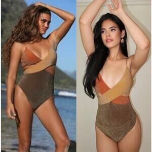 Its Now Cool Riot One Piece Free People Bronze Shimmer Colorblock M NWT